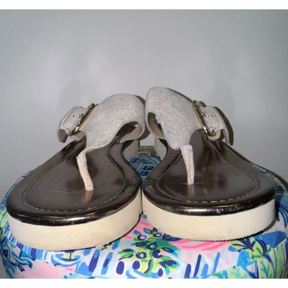 Donald J Pliner Sandals Women sz 9.5 Leni Thong Flats Grey Leather Buckle Casual